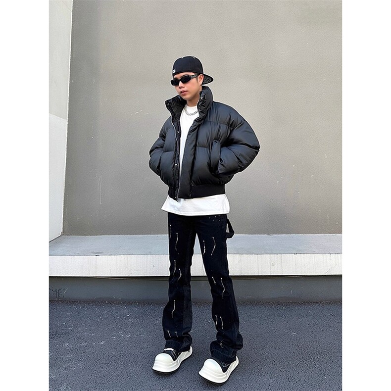 现货5W件冬季三防重磅硬挺boxy短款羽绒立领PU皮棉衣外套加厚棉服,男装棉衣,电商A443