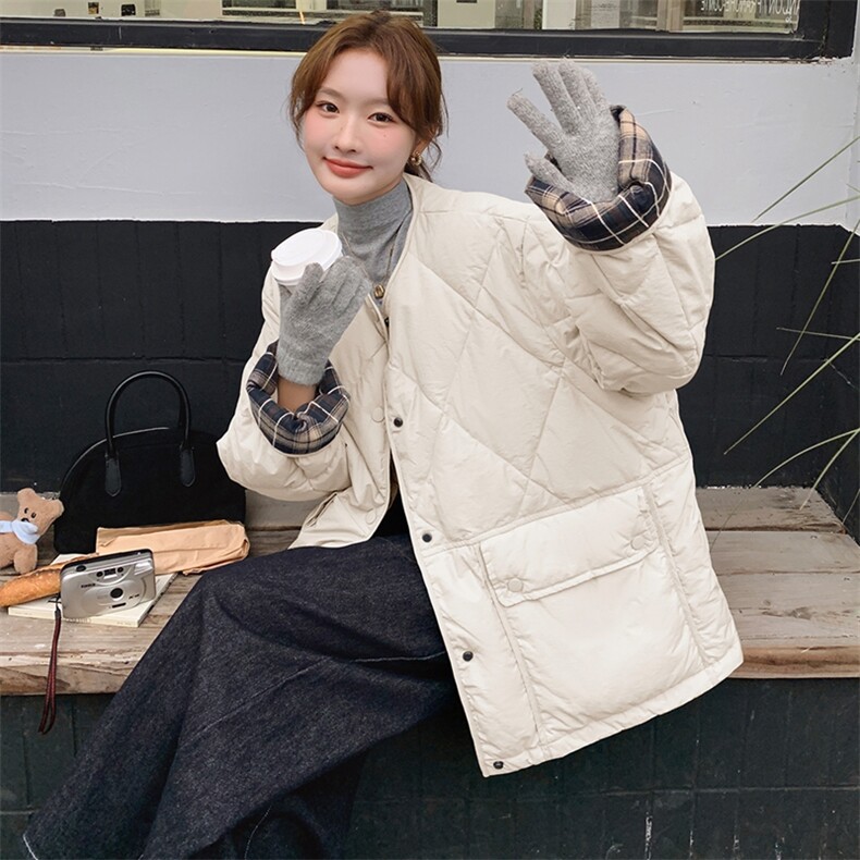 韩版时尚拼格纹轻薄款羽绒服女2025年冬季新款显瘦加厚白鸭绒外套,女装羽绒服,浙宝305