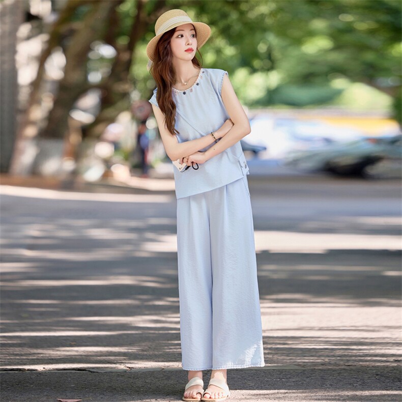 【现货】2025年夏季新款棉麻休闲气质收腰显瘦贝壳阔腿裤套装,女装套装/套裙,辉煌依升