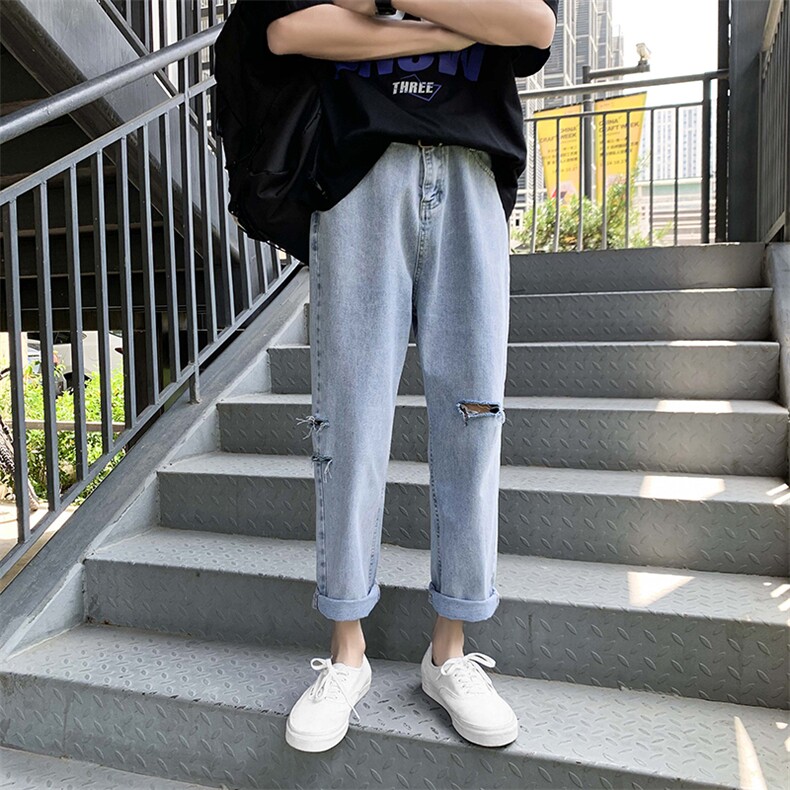 港风刀割破洞牛仔裤男九分裤韩版宽松直筒裤子NK86/P50,男装牛仔裤,电商D202