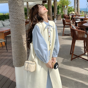 俏皮少女感套装女春季衬衫连衣裙彩色纽扣流苏针织背心裙子两件套图片