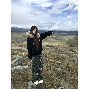 现货重磅boxy短款棉衣座山雕大毛毛领男女棉服水洗工装厚外套图片