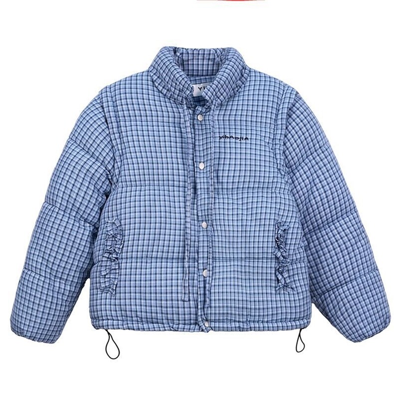 蓝色格纹复古立领棉服女冬季短款设计感可拆卸马甲保暖外套,男装棉衣,星座1210-1