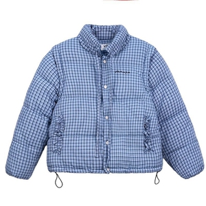 蓝色格纹复古立领棉服女冬季短款设计感可拆卸马甲保暖外套图片