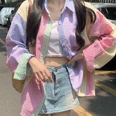 D574-P55春季马卡龙拼色条纹长袖衬衫设计感宽松休闲百搭衬衣，男装衬衫，星座911