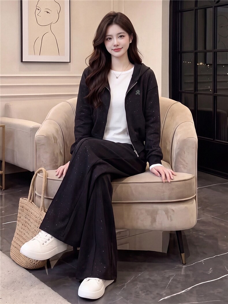 高级感休闲运动套装女春秋双头拉链卫衣内搭白色T恤阔腿裤三件套,女装套装/套裙,江南
