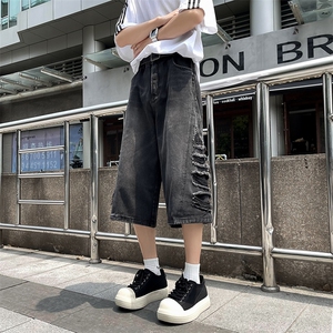 港风夏款男短裤牛仔裤破洞流苏七分中裤D3013P50