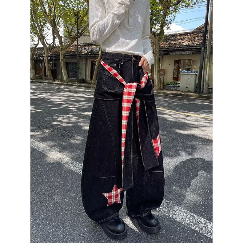 复古格子拼接屁帘弯刀牛仔裤男高街痞帅宽松休闲阔腿裤N0720-P70,男装牛仔裤,星座308B-2
