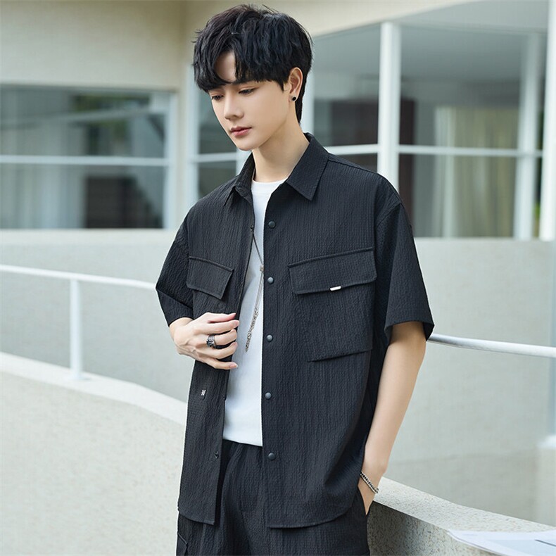 休闲套装男夏季薄款衬衫男士短袖短裤两件套衬衣帅气3388-P70,男装休闲套装,电商A355（原A415）