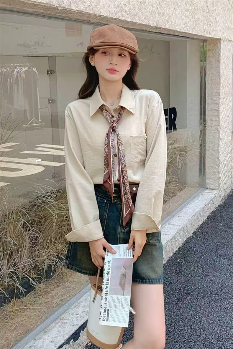 休闲气质丝巾衬衫2025年秋短款外套时尚百搭宽松长袖上衣女,女装衬衫,2C229
