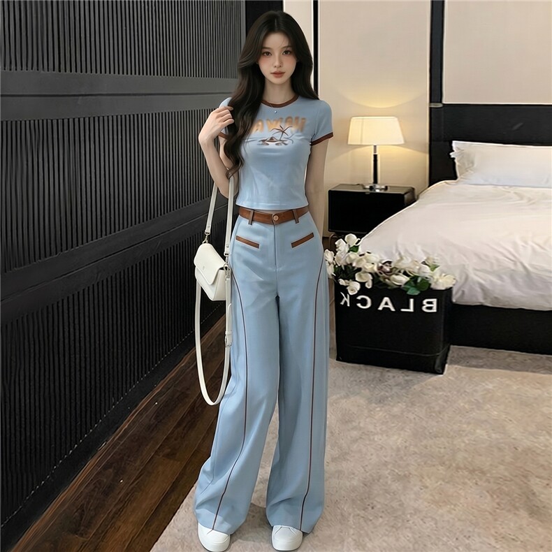 慵懒风休闲时尚套装女夏新款百搭圆领印花短袖上衣阔腿长裤两件套,女装套装/套裙,江南