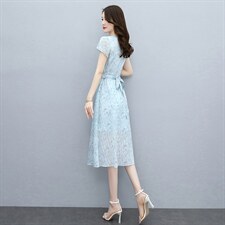 2023夏季新款简约气质优雅时尚腰部系带收腰显瘦雪纺连衣裙，女装连衣裙，牡丹诺