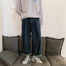 春季港风文艺工装日系宽松休闲口袋男牛仔裤坠感直筒阔腿裤老爹裤，男装牛仔裤，星座302B