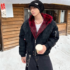 网图痞帅暗红色座山雕连帽棉服情侣棉衣夹克外套A025-NY1313-P130，男装夹克，电商A025
