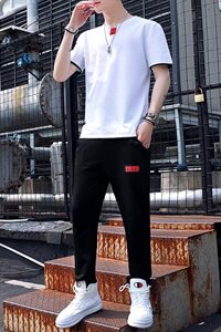夏季短袖t恤男生休闲套装潮牌半袖青少年运动九分裤一套Y图片