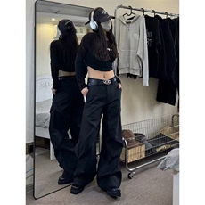 【有货】DHR56-P53美式高街黑色褶皱伞兵休闲裤男女新款微喇裤，男装休闲裤，星座603-2