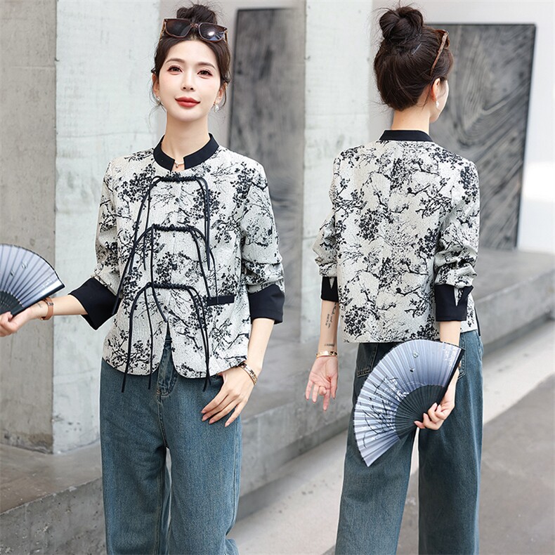 现货现发新中式水墨画圆领流苏扣外套，女装短外套，墨羽桐