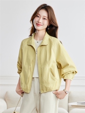 现货！2026年春季休闲宽松立领无帽短外套女洋气黄色夹克上衣，女装短外套，沐七七