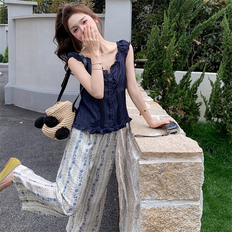 夏季新款少女感显瘦碎花阔腿裤两件套温柔系穿搭法式牛仔小衫套装,女装套装/套裙,浙宝305