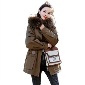 棉衣/棉服2021新款冬兔毛中长款抽绳收腰工装带帽派克服女外套图片