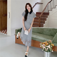韩系设计感蕾丝polo领短袖T+中长款收腰开叉裙2025夏季时尚两件套，女装套装/套裙，2C168