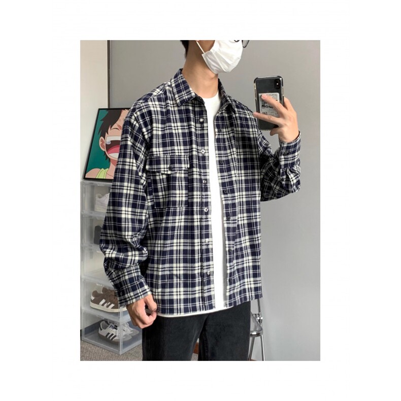TC468-P45复古设计感宽松休闲翻领百搭情侣格子长袖衬衣,女装衬衫,星座617A-2