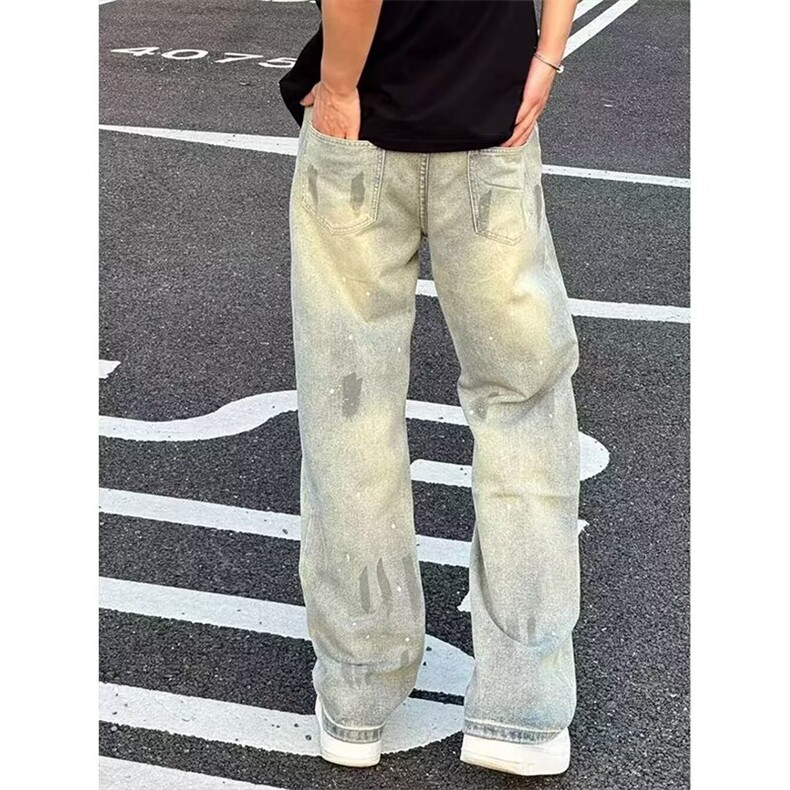 潮牌泼墨牛仔裤男女美式高街休闲长裤宽松直筒裤子K70716P47网图,男装牛仔裤,电商B245