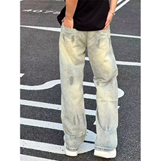 潮牌泼墨牛仔裤男女美式高街休闲长裤宽松直筒裤子K70716P47网图，男装牛仔裤，电商B245