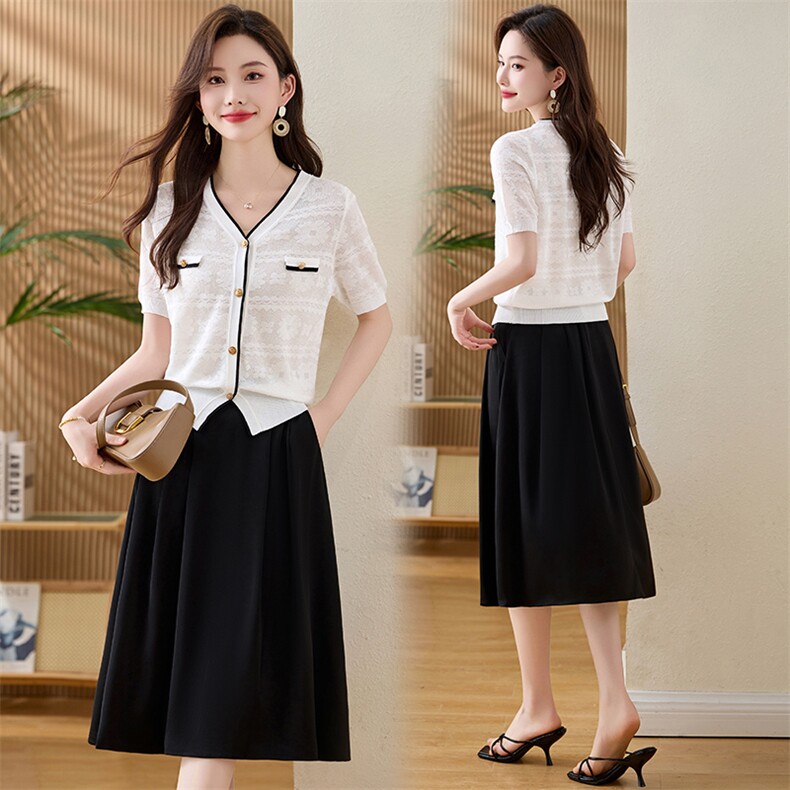 两件套2025年夏季优雅温柔V领撞色边短袖上衣开衫半身裙套装森女，女装套装/套裙，欣贝拉