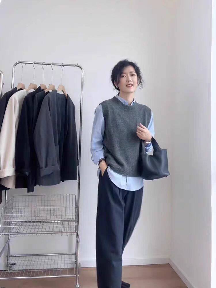 羊毛针织马甲女宽松慵懒镂空无袖毛衣坎肩背心，女装马甲，冀清阳荣