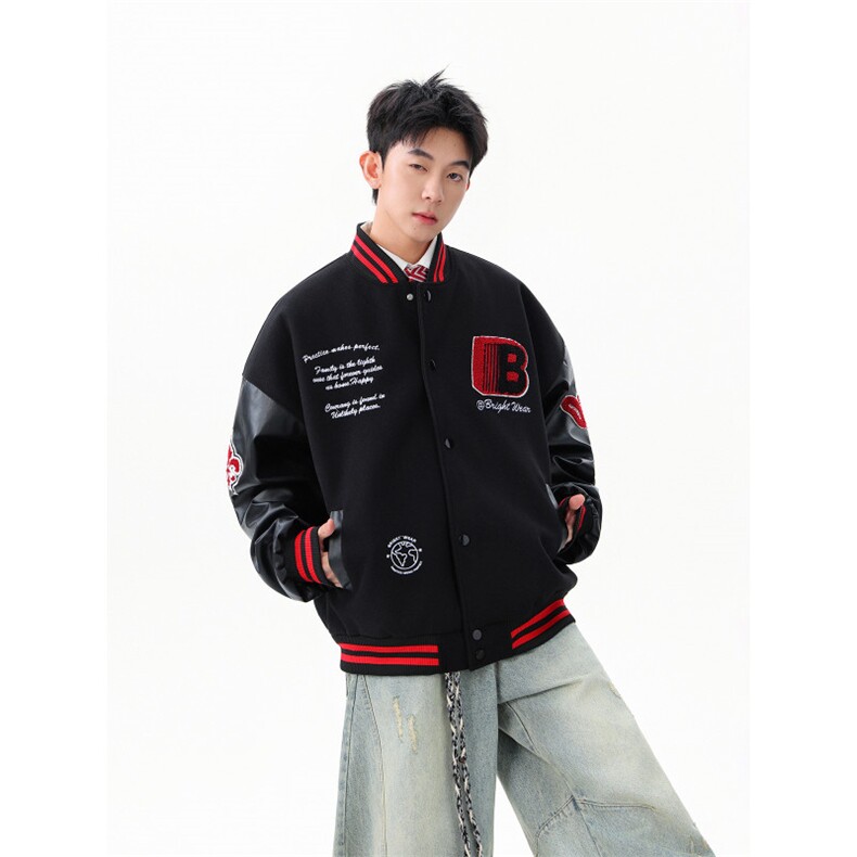 徽章拼接撞色棒球服重磅宽松情侣夹克   WT2536-特P95-控168图片