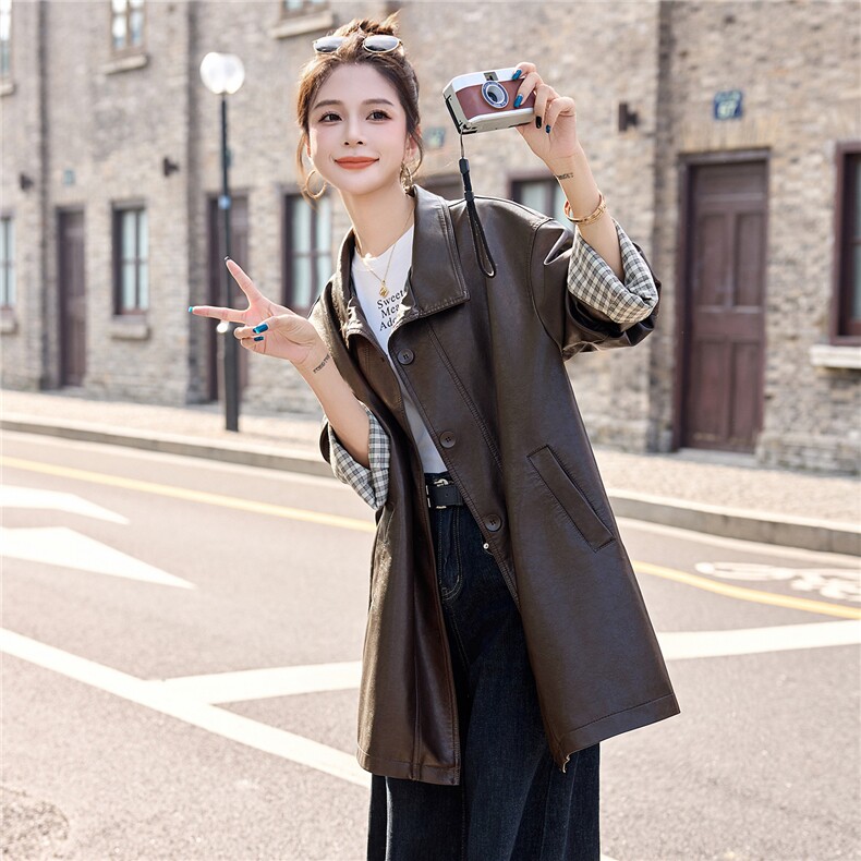 皮衣外套女2025秋季新款气质格纹腕袖中长款上衣,女装皮衣,英标秀（1C119）
