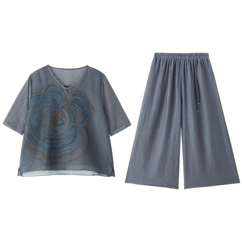 时尚印花棉麻阔腿裤套装女2025夏季新款气质松弛感穿搭麻料两件套,女装套装/套裙,魅影