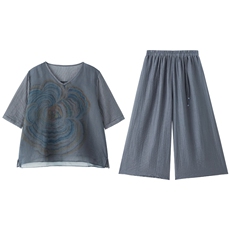 时尚印花棉麻阔腿裤套装女2025夏季新款气质松弛感穿搭麻料两件套，女装套装/套裙，魅影