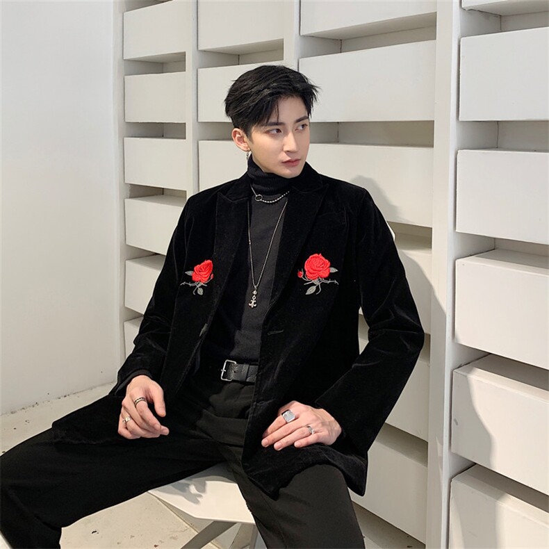 新款韩版丝绒西服男刺绣玫瑰复古百搭网红气质上衣A452-1955,男装西服,电商A452