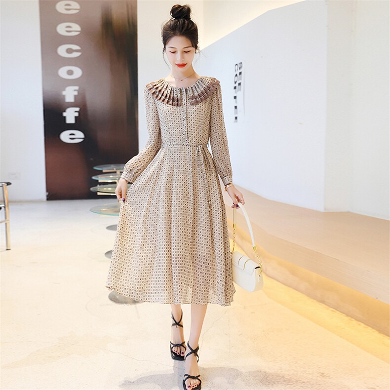 奥特莱斯BAO款雪纺连衣裙女春夏精致碎花长袖纱料裙子,女装连衣裙,星宇服饰