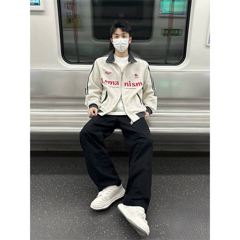 抖音得物美式高街重磅结构设计拼接织带立领印花卫衣外套ACM4202,女装短外套,电商A443