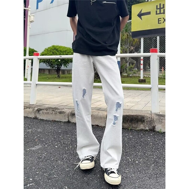 K7116-P50白色牛仔裤男新款美式高街cleanfit裤子破洞直筒,男装牛仔裤,电商B323A