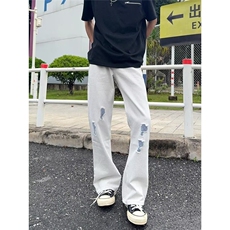 K7116-P50白色牛仔裤男新款美式高街cleanfit裤子破洞直筒，男装牛仔裤，电商B323A