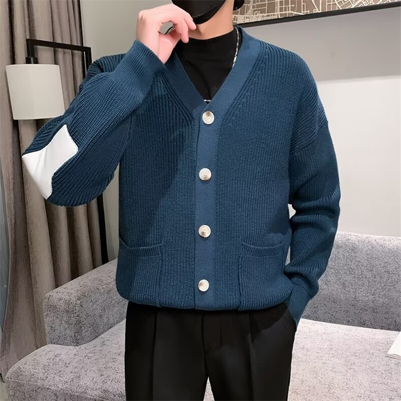 轻熟风潮针织开衫外套男2024冬季宽松V领拼接加厚款毛衣男M3460,男装针织衫/毛衣,星座1116A-2（原606A-1）
