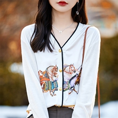 时尚气质马车印花V领开衫秋冬新款羊毛针织衫显瘦百搭外套，女装针织衫/毛衣，科源羊绒