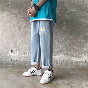 2021新款夏潮牌百搭潮流菊花印花九分修身港风直筒牛仔裤子P32图片