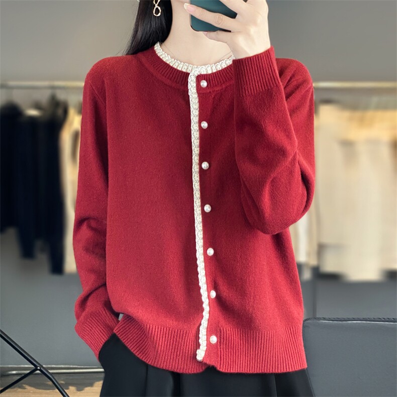 早秋撞色花边针织开衫外套女2025新款洋气大码女装上衣秋冬毛衣,针织衫/毛衣,大美人包芯纱店