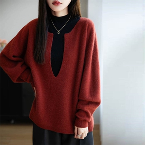 法式设计感酒红灰色v领纯羊毛针织毛衣女25新款宽松保暖长袖上衣图片