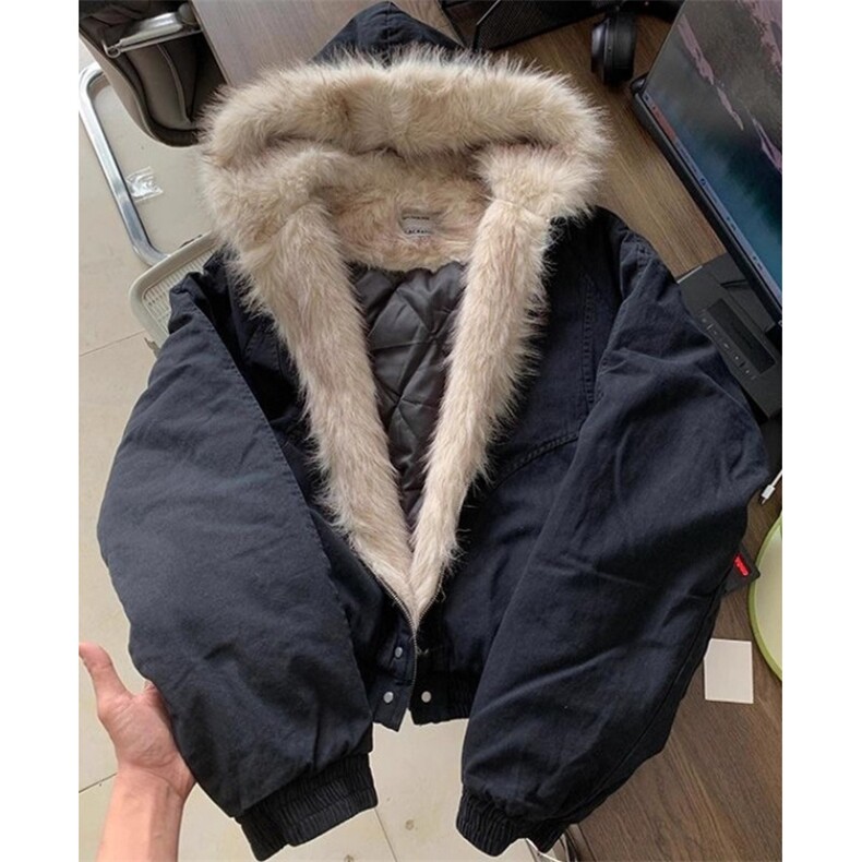 毛茸茸座山雕连帽夹克棉服男女冬季加厚短款工装外套 MF914图片