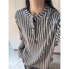 小香风鱼骨纹亨利领卫衣男女秋季美式重磅松弛感黑白条纹长袖T恤，男装T恤，星座506A