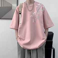 重磅麂皮绒小领口短袖T恤男夏季潮牌竹子印花宽松情侣款半袖体恤，男装T恤，电商A040