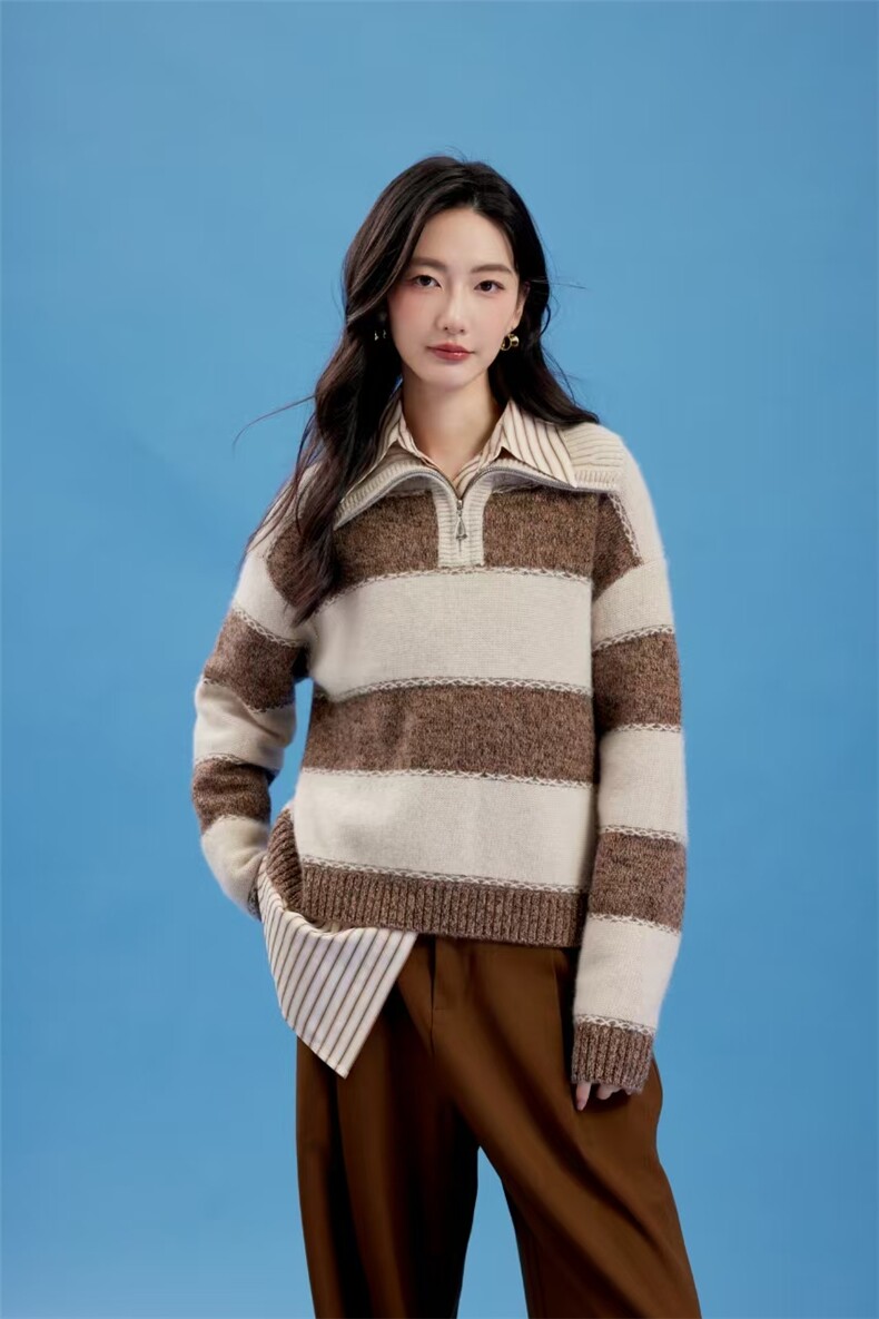 2025舒适百搭简约山羊绒金豆亮片拉链高翻,女装羊绒衫,倾城羊绒