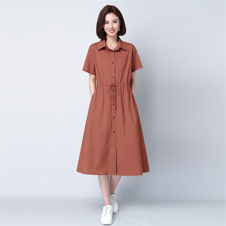 高档纯棉衬衫连衣裙女中长款2025夏新款系带收腰休闲气质减龄裙子,女装连衣裙,秋牧寒烟
