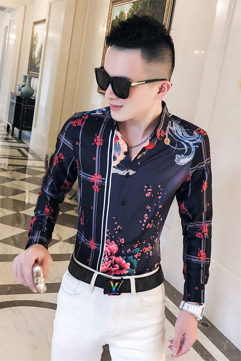 2021春秋衬衫社会男长袖上衣印花男装韩版修身四季潮流衬衣Q628-P55,男装衬衫,星座419（原A233）